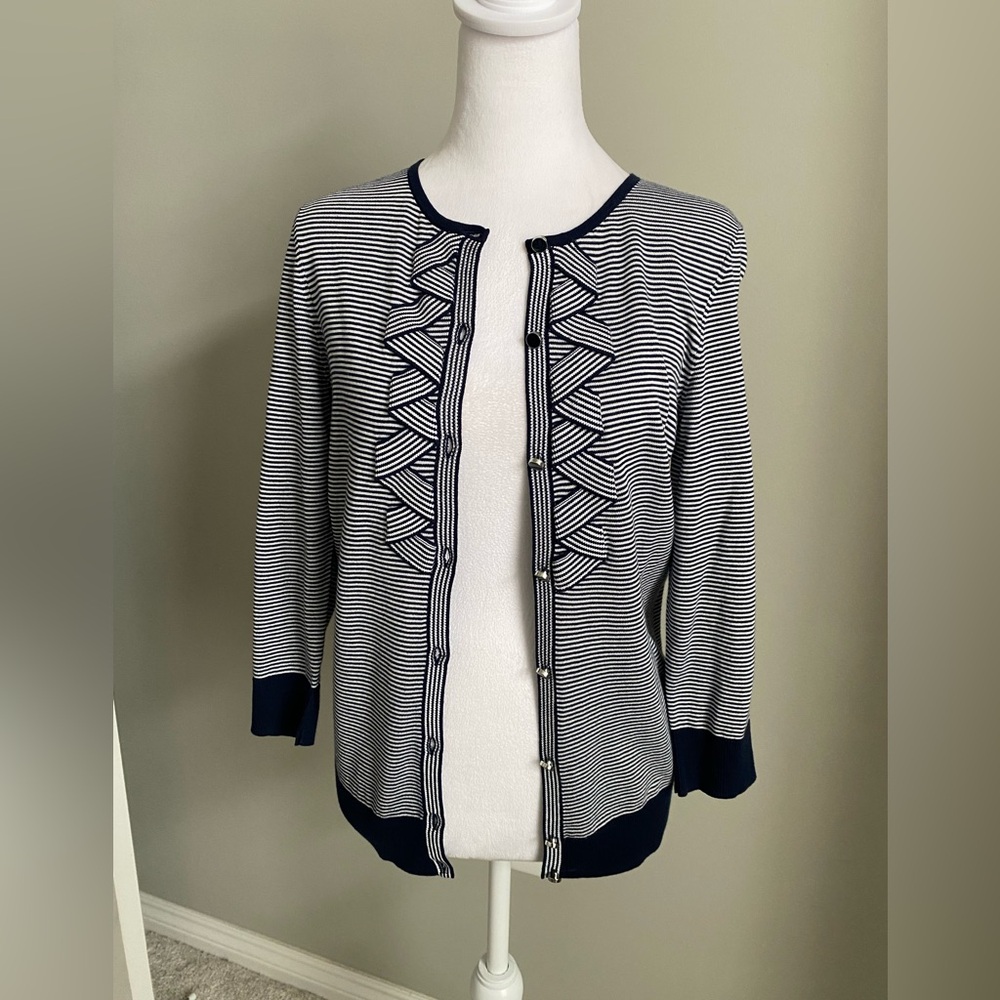 Talbots Navy and White Striped Cardigan